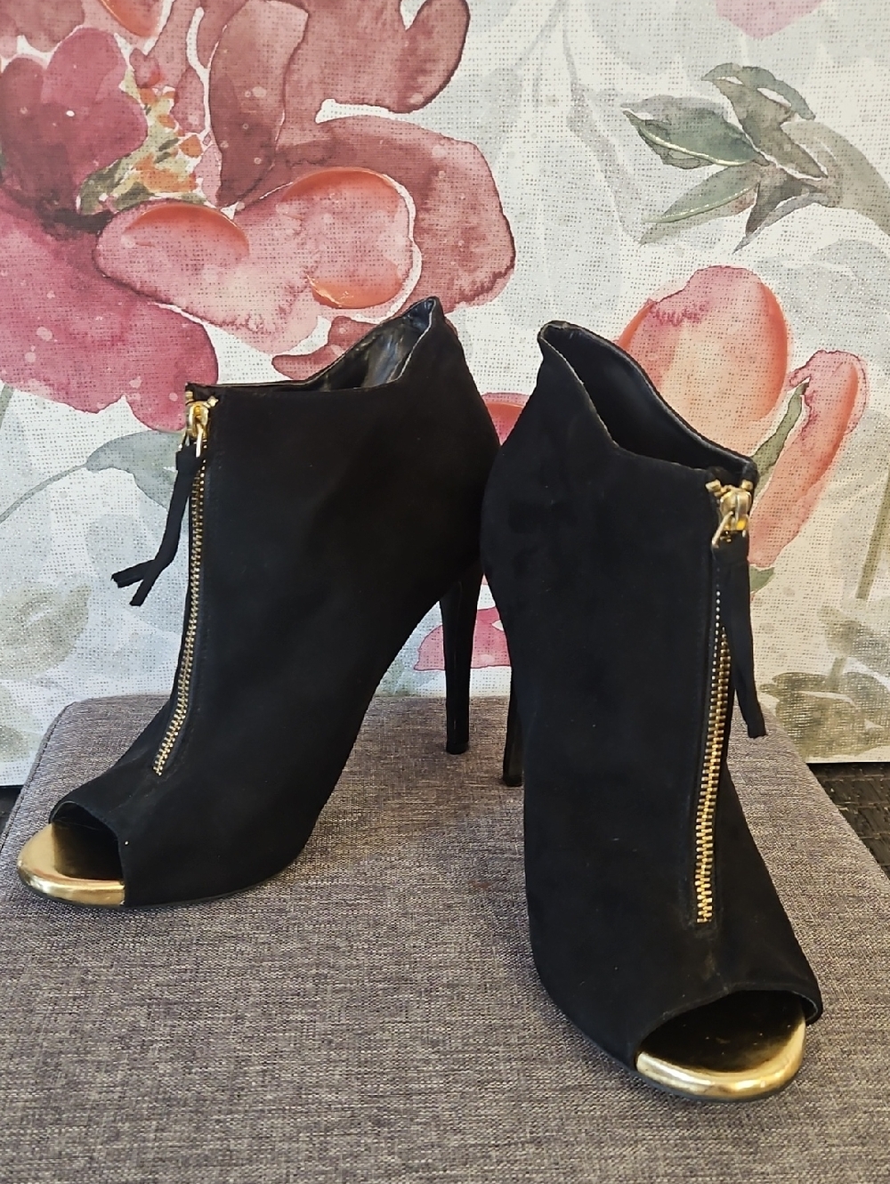 Mossimo Supply Co. Black Suede Peep-Toe Ankle Boots with Gold Accents